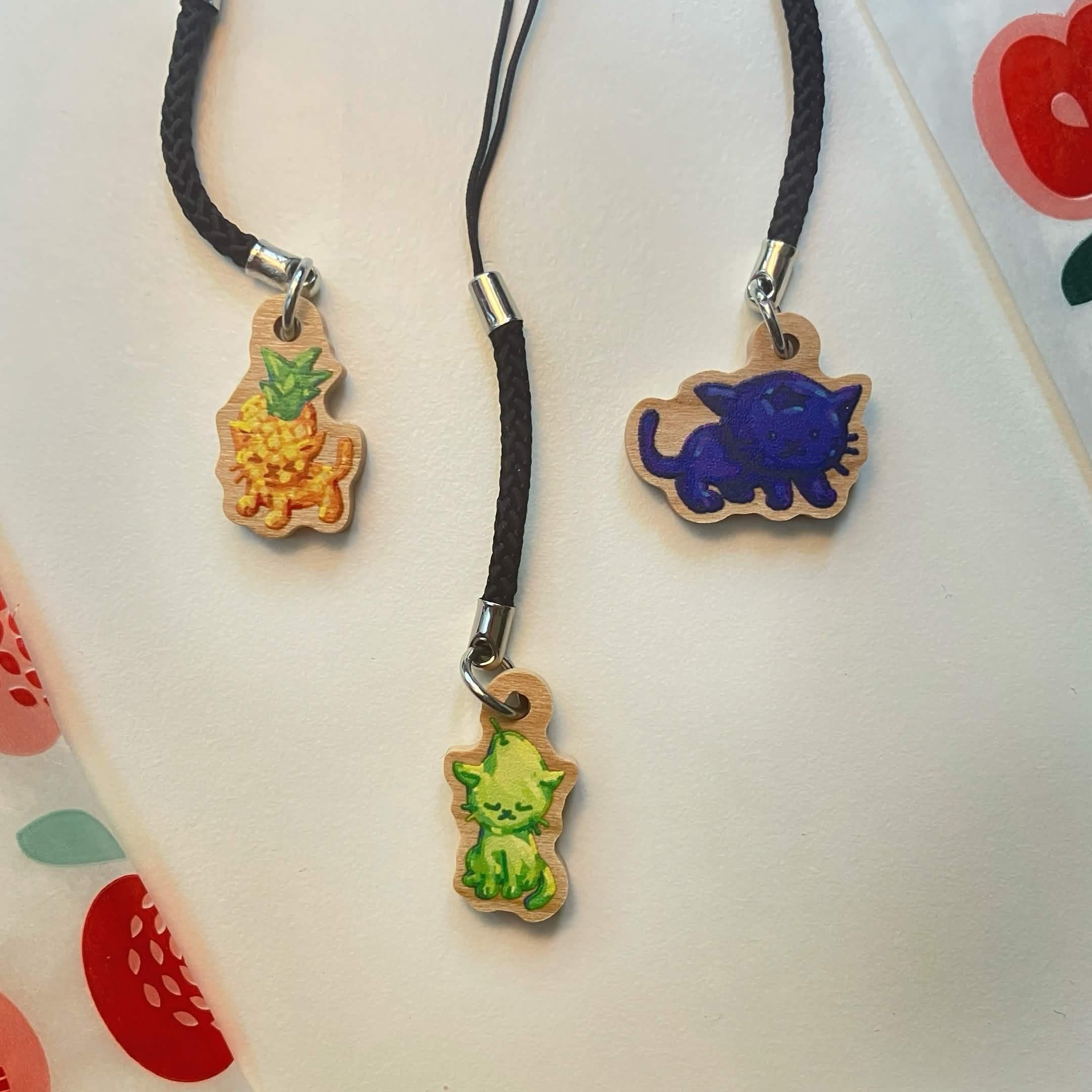 Cat Fruit Wooden Phone Charms