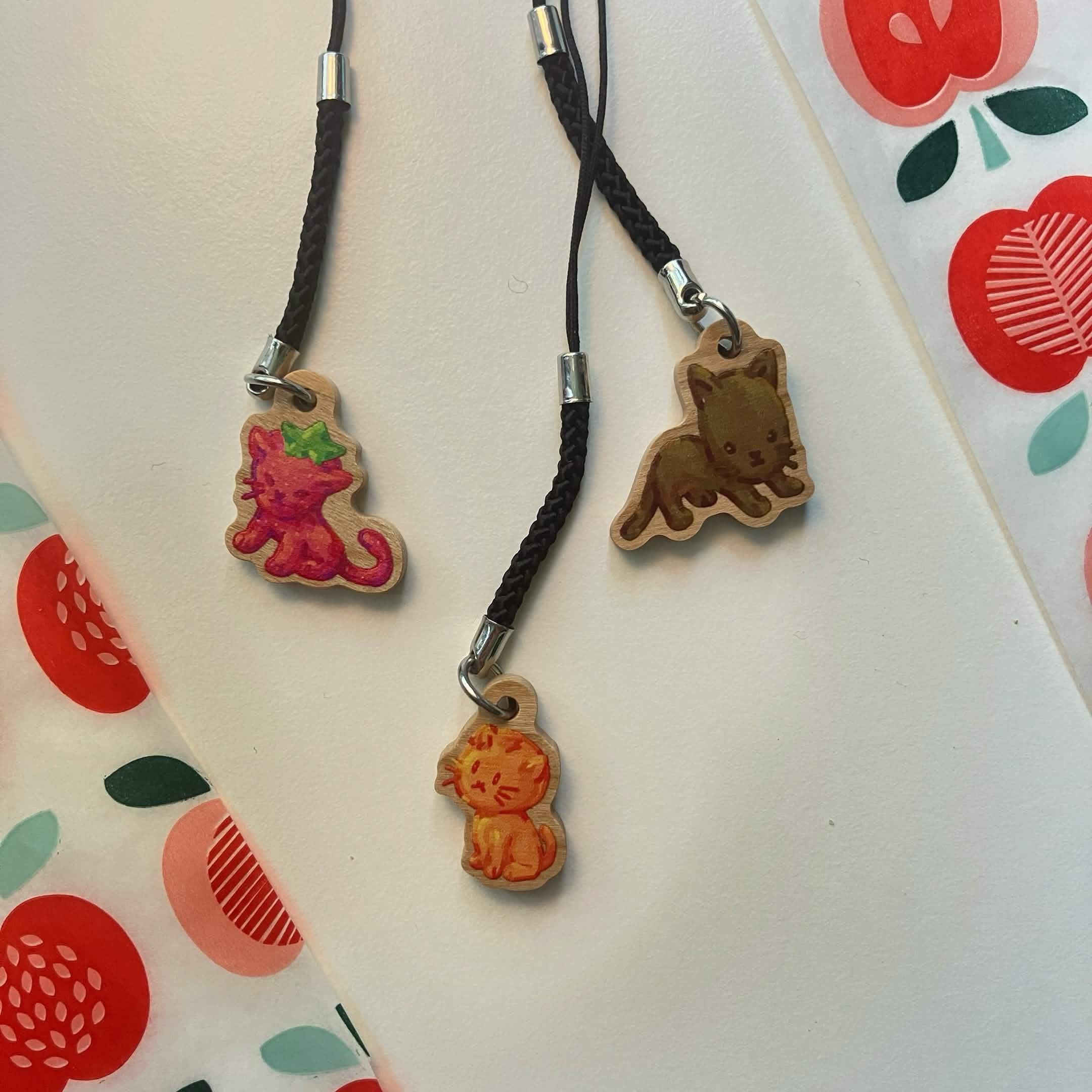 Cat Fruit Wooden Phone Charms